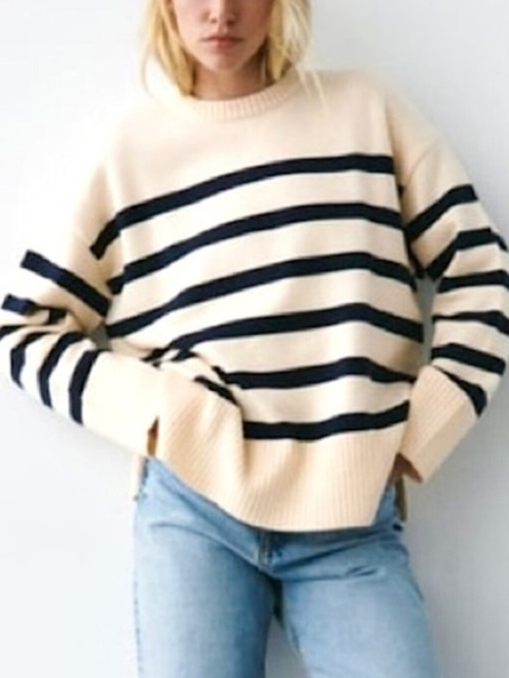 NEW Zara Striped Chunky Crewneck Sweater Cream Navy S Parisian Preppy - Picture 2 of 13